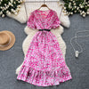 Summer Pleated Women Buttons Dresses Casual Beach Holiday Short Sleeve V Neck Woman Midi Dress Bohemian Mujer Vestidos