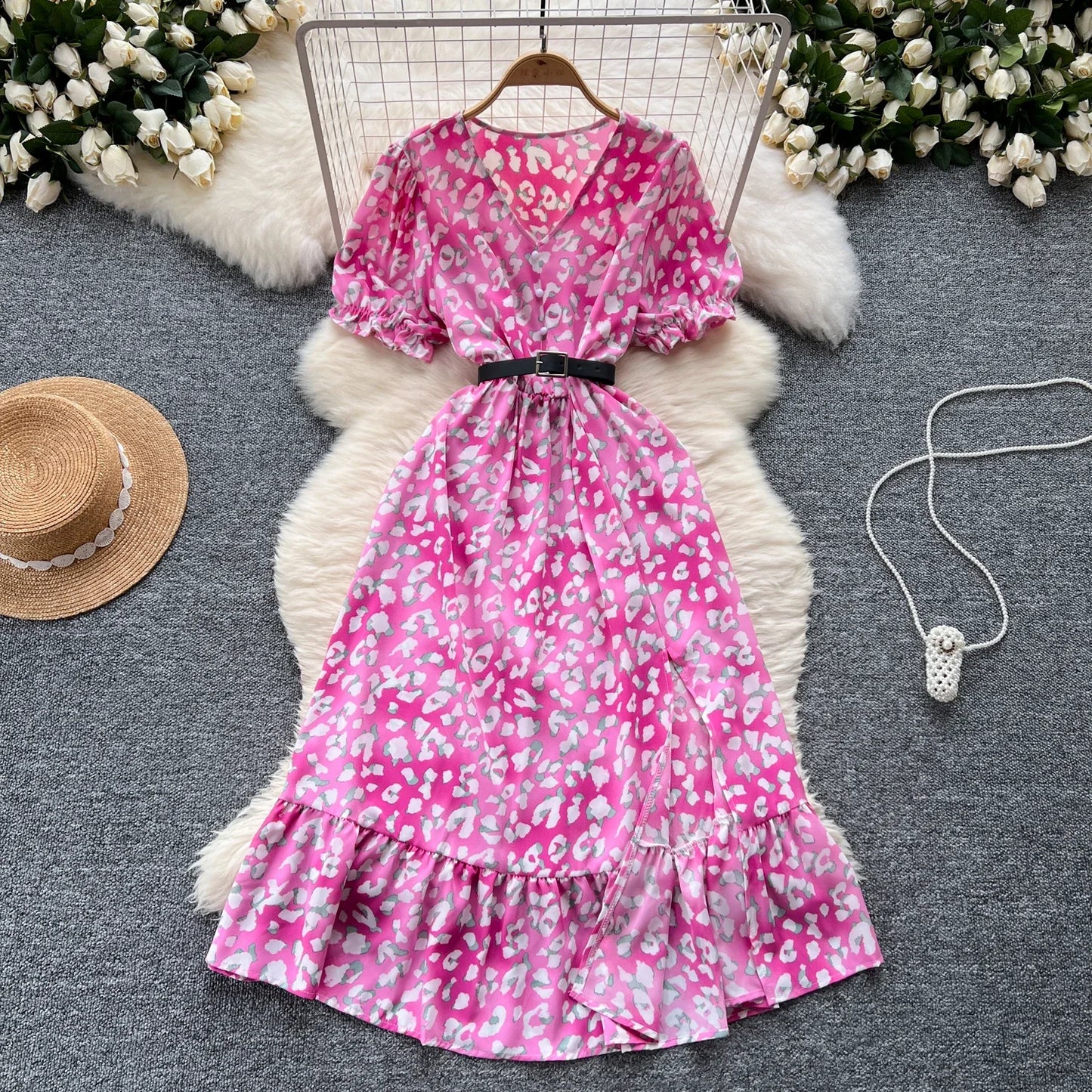 Summer Pleated Women Buttons Dresses Casual Beach Holiday Short Sleeve V Neck Woman Midi Dress Bohemian Mujer Vestidos