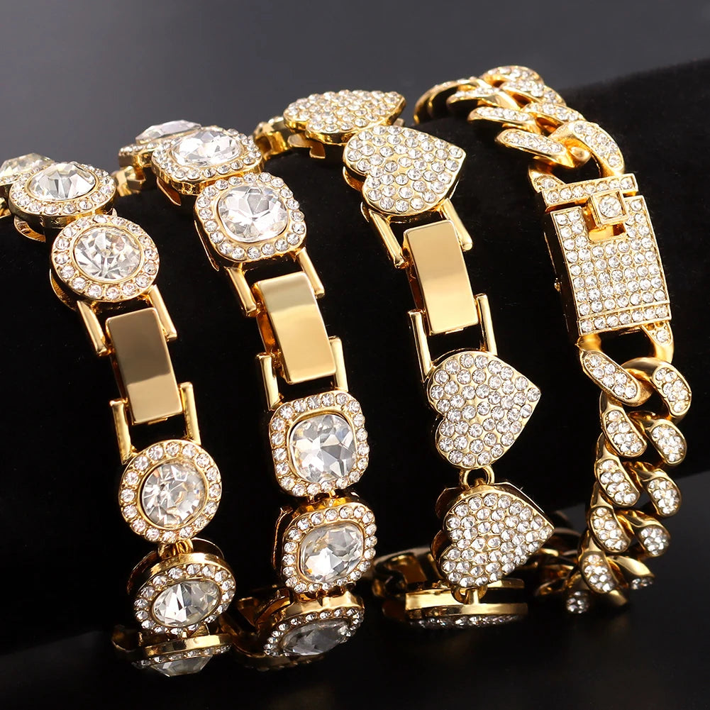 Iced Out Pink Cuban Bracelet for Women Hip Hop Gold Silver Color Crystal Heart Circle Square Bracelet 4Pcs Set Jewelry Gift