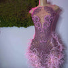 Stunning Sparkly Luxury Diamond Women Birthday Party Cocktail Gowns Sexy Sheer Pink Feather Mini Short Prom Dresses 2025