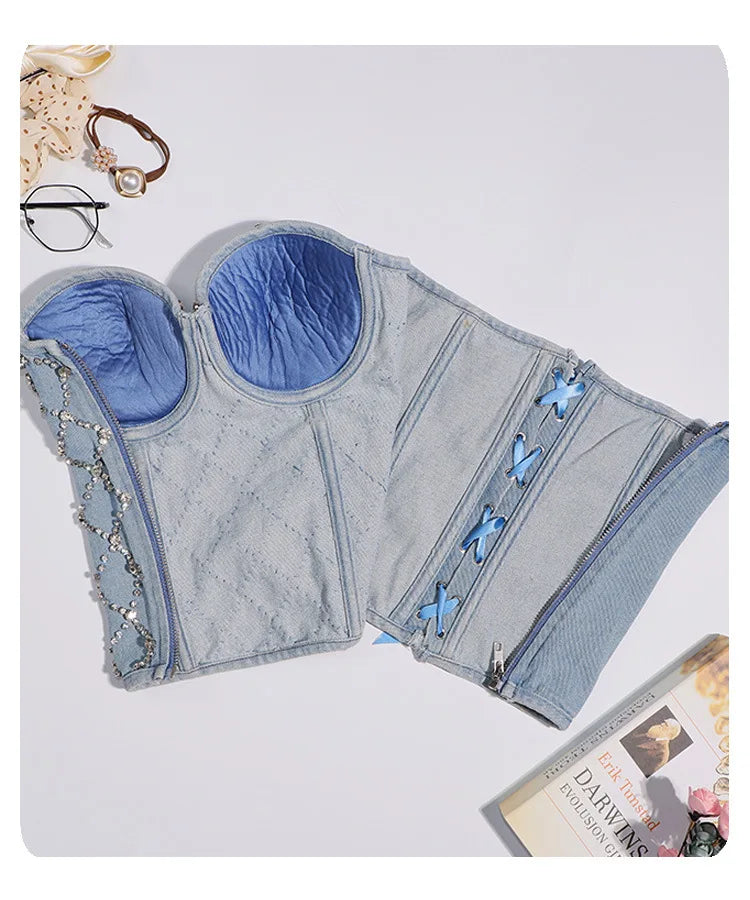 SXTHAENOO Women Sexy Fashion Crop Top Diamond Flower Strapless Vest Bustier Bra Night Club Party Tank Top Female Ropa De Mujer