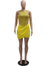 Kricesseen Yellow Sequins Patchwork Irregular Ruched Bodycon Birthday Dresses For Women O-Neck Sequins Night Out Dress Clubwear