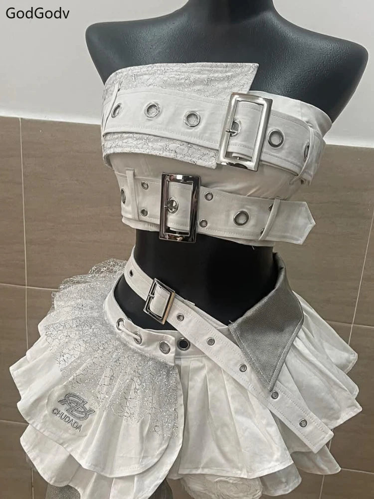 Punk Style Vintage Woman 2 Piece Sets Y2k Design Strapless Crop Tops + High Waist Ruffle Skirt Female Party Korea Style Outfits
