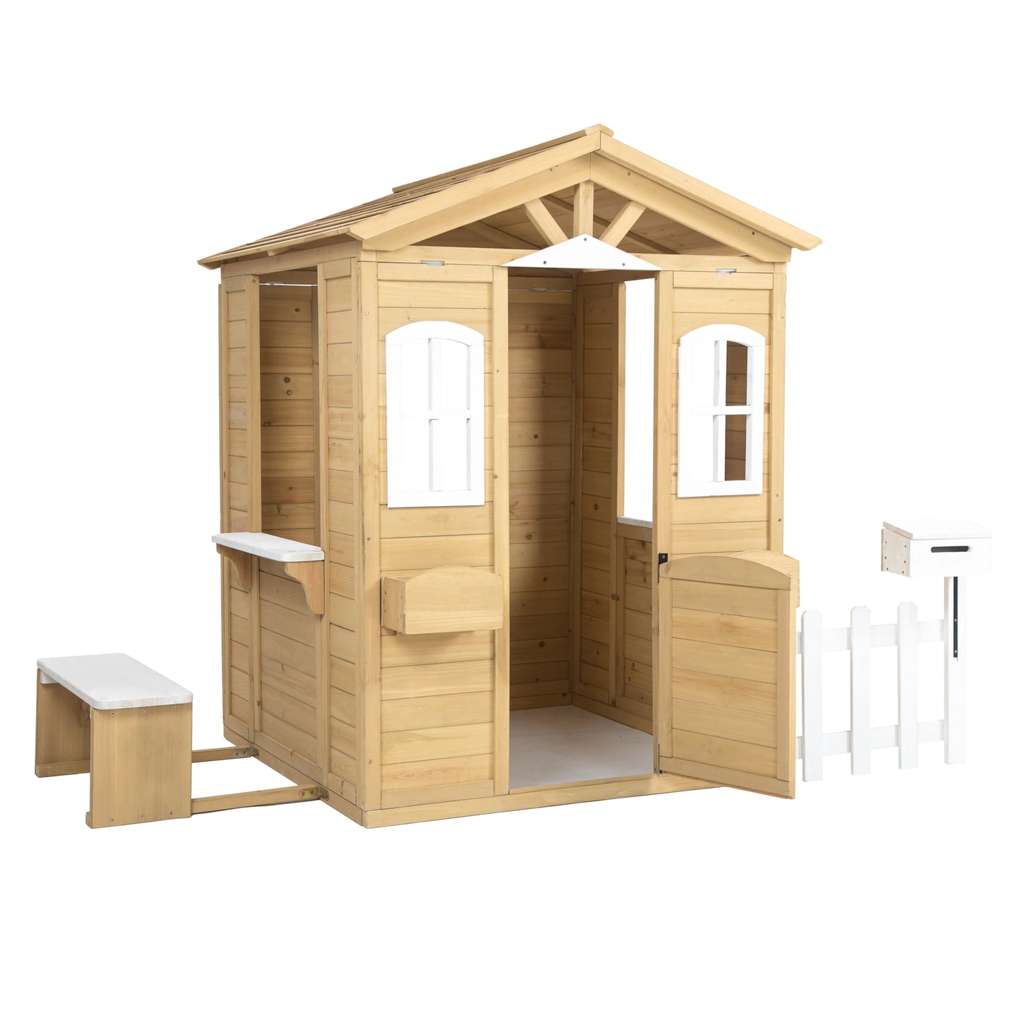 LZBEITEM Wooden Playhouse for Kids Outdoor with Working Door, Windows, Mailbox, Bench, Flowers Pot Holder, 39" x 38" x 55.5"