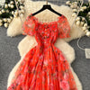 Elegant Slash Neck Vintage Short Puff Sleeve Chic Print Slim Chiffon Dresses French High Street Evening Autumn Mesh Clothing
