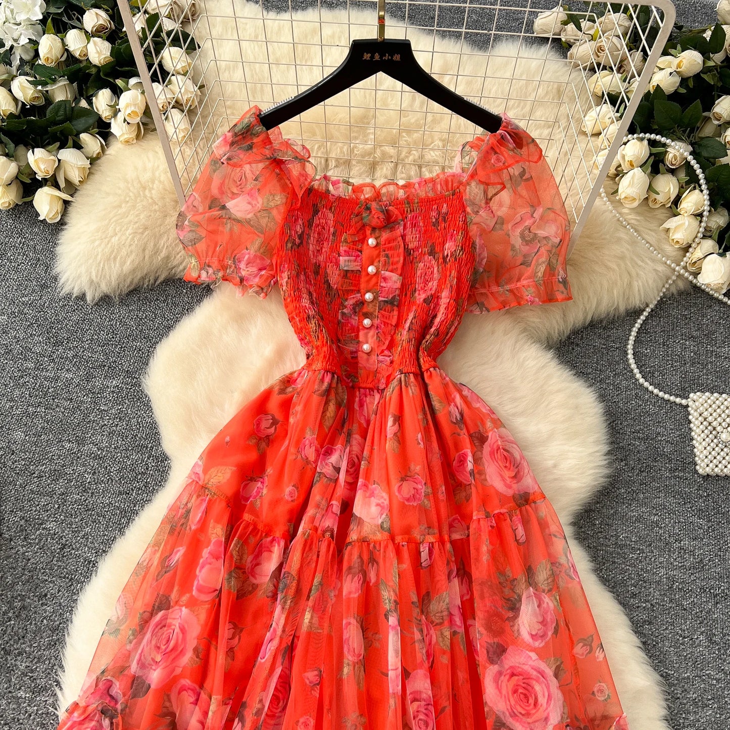 Elegant Slash Neck Vintage Short Puff Sleeve Chic Print Slim Chiffon Dresses French High Street Evening Autumn Mesh Clothing