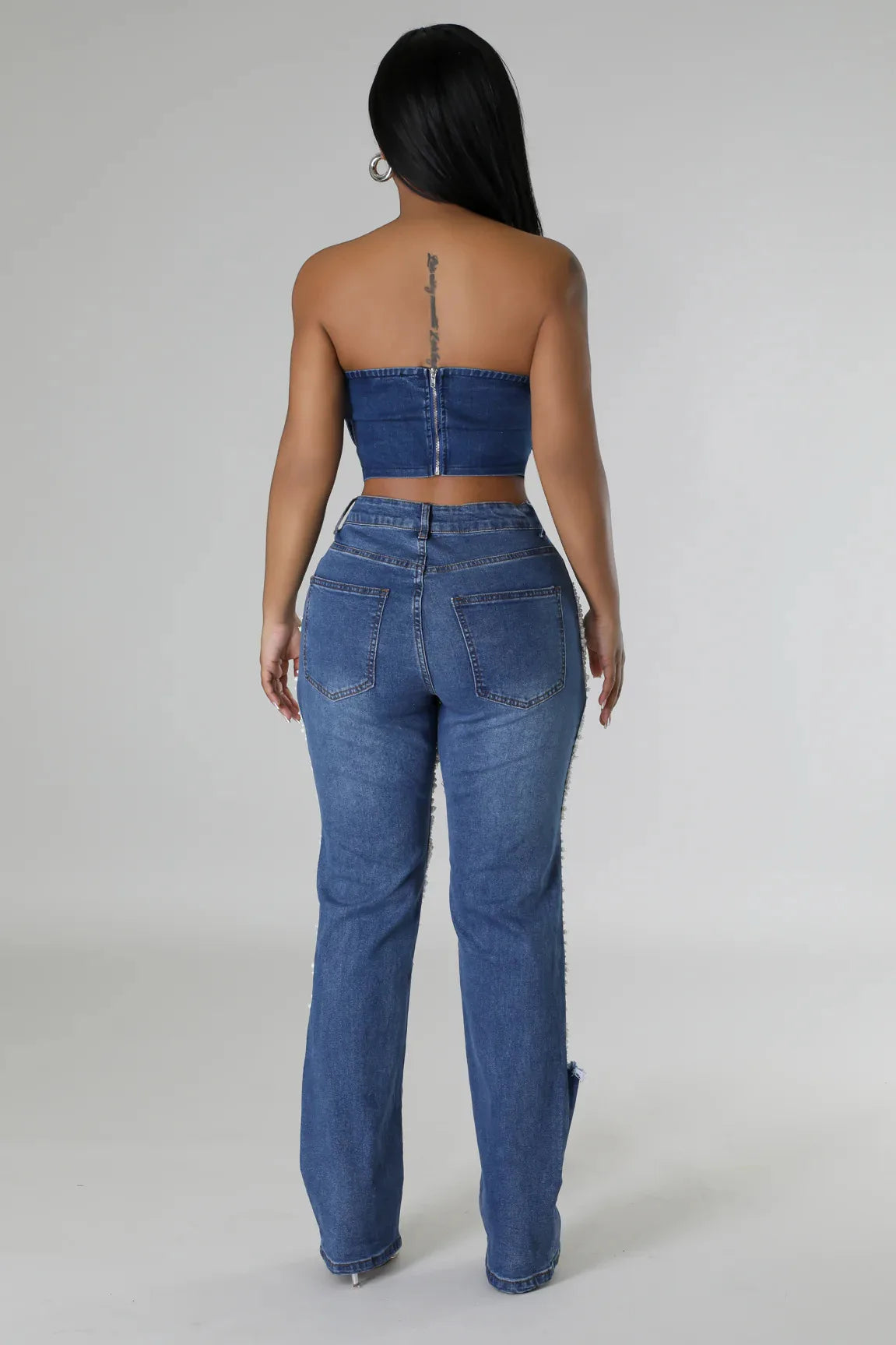Women's Destroyed Ripped Hole Denim Pants Pearl Rhinestones Chain Distressed Slim Fit Skinny Jeans Y2K Night Club Party Jeans
