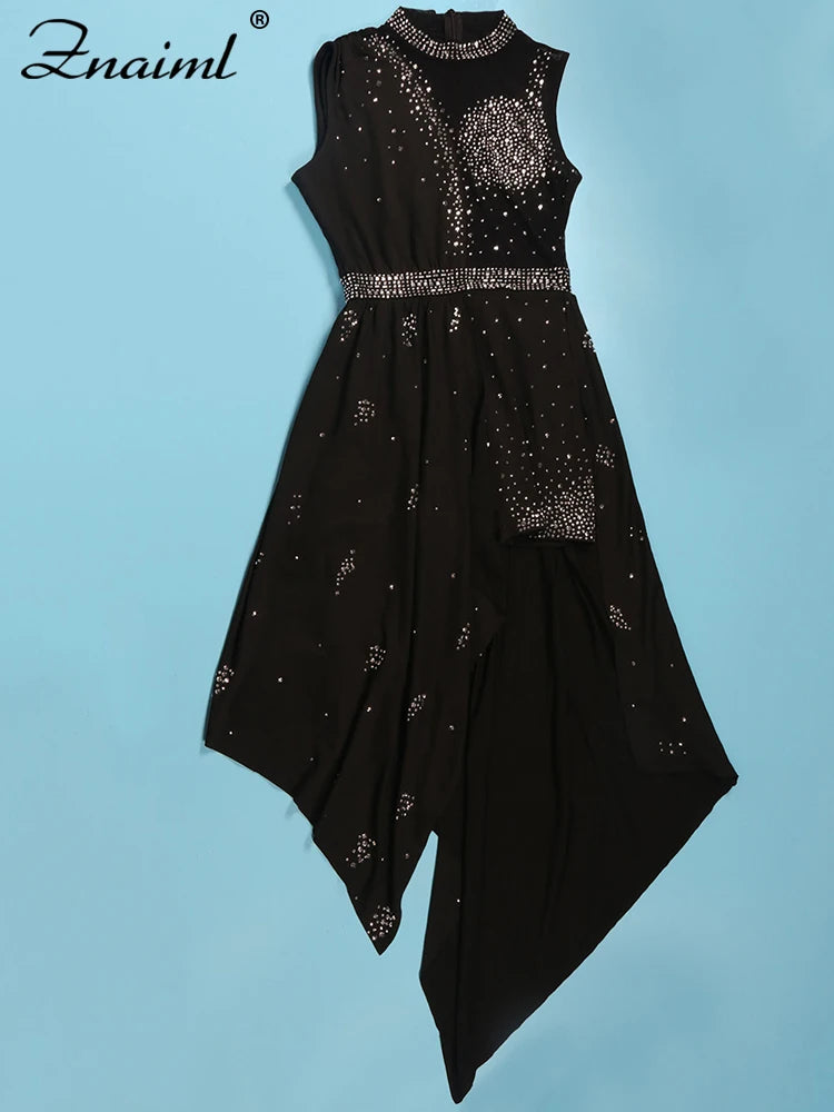 Znaiml Sexy Nightclub One Piece Outfit Romper Playsuit Women Birthday Diamonds Rhinestones Mesh Streamer Side Irregular Jumpsuit