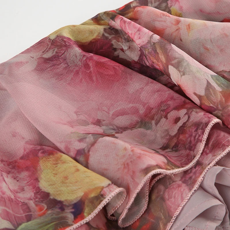 BIIKPIIK Vacation Ruffles Skirts Fashion Floral Print Vintage Elegant Women Skirts Designed Semi-perspective Sexy Holiday Bottom