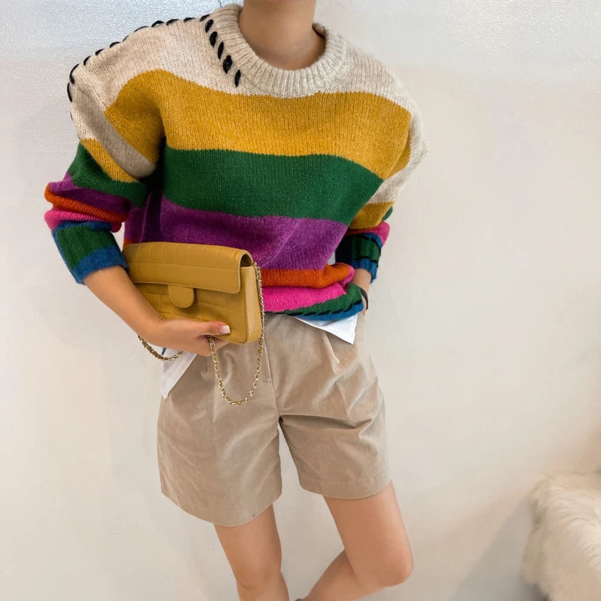 Chic Vintage Contrast Oversized Sueter Fairy Grunge Pullover O Neck Rainbow Sweaters Winter Striped Knitting Sweater Women