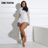 CM.YAYA Women Long Sleeve Lace Ruffles Ruched High Waist Short Jumpsuit Streetwear Backless Street One Piece Romper Playsuit
