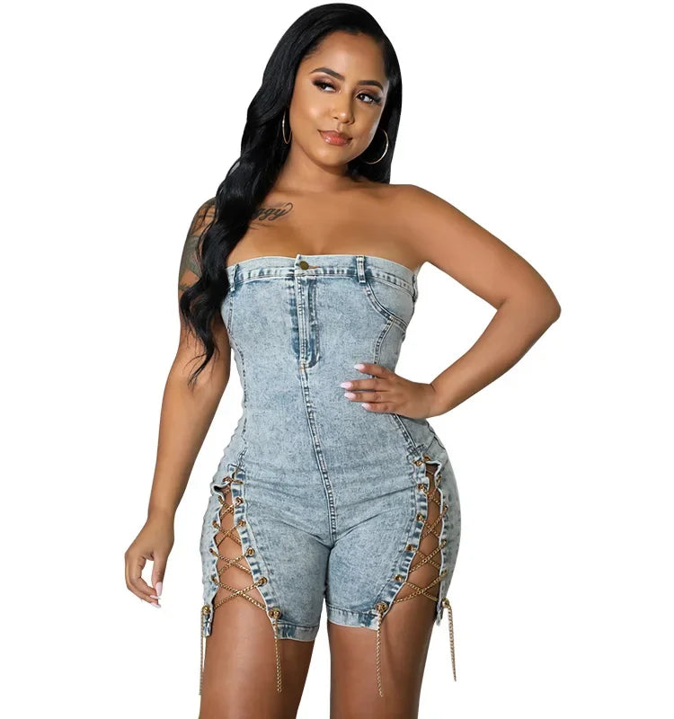 Rompers Women One Piece Elegant Splice Denim Jumpsuits Sexy Slim Fit Strapless Sleeveless Short Pants Sheath Playsuits
