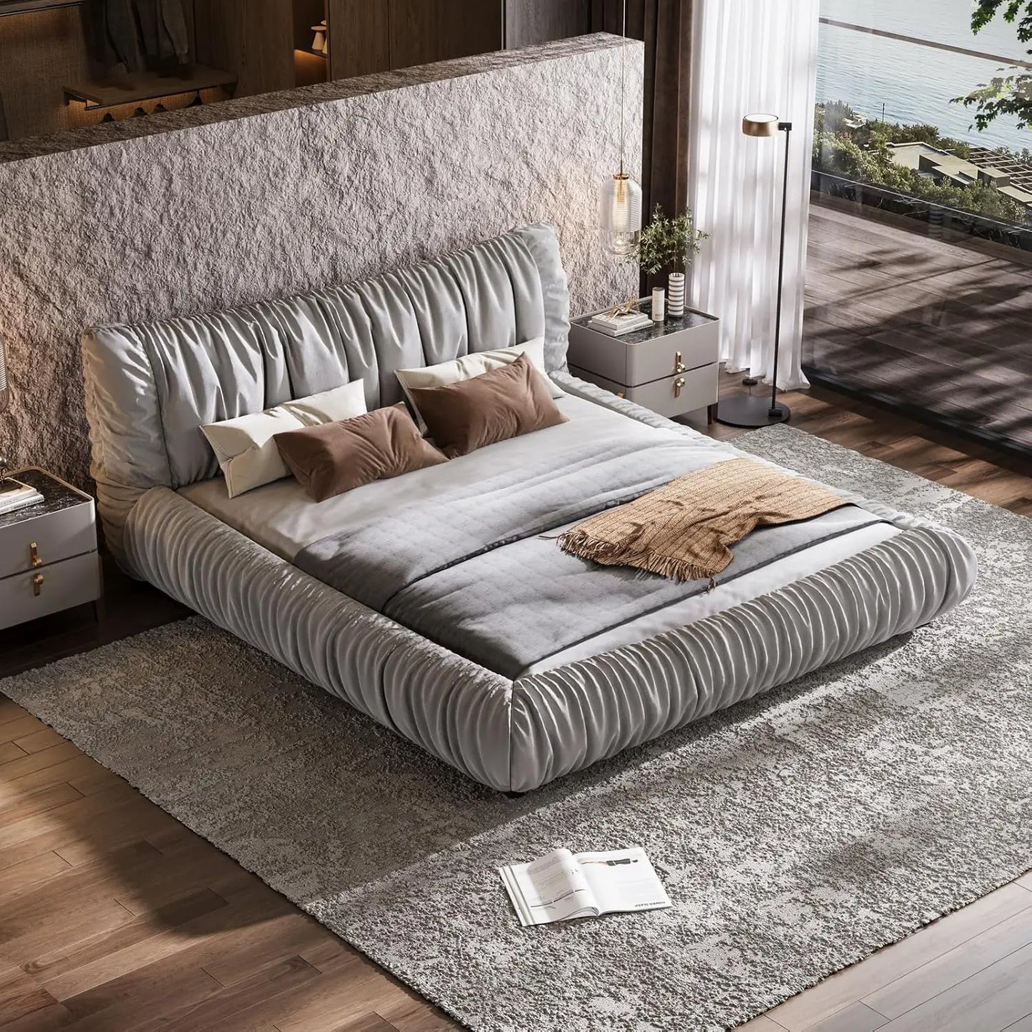 King Size Upholstered Platform Bed with Oversized Padded Backrest Headboard, Luxury Soft Cloud Bed Frame for Bedroom
