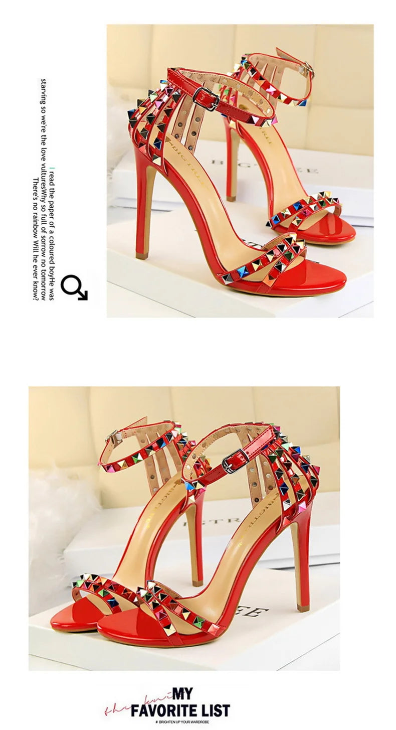 Summer Women Roman High Heels Rivets Studded Sandals Stiletto Gladiator Pumps Open Toe Luxury Shoes Hollow One-word Buckle 267-2