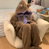 Brown Furry Pajama Sets Fluffy Teddy Bear Hooded Zipper Sleepwear Women Plush Warm Thick Christmas Homewear Y2K Kawaii Nightwear