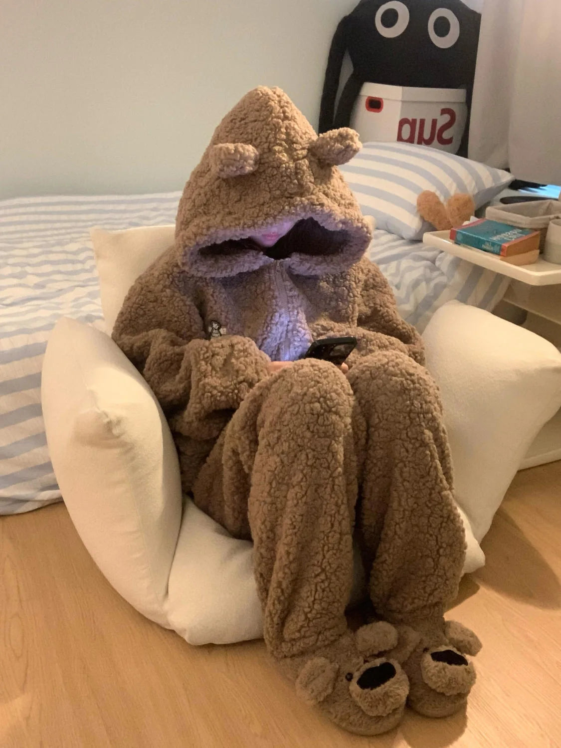 Brown Furry Pajama Sets Fluffy Teddy Bear Hooded Zipper Sleepwear Women Plush Warm Thick Christmas Homewear Y2K Kawaii Nightwear