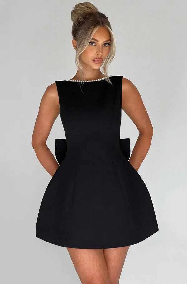 Elegant Pearl Bow Backless Short Dress Women's Sleeveless Party Cute Mini Dresses Black White Pink Chic Birthday Evening Y2K New