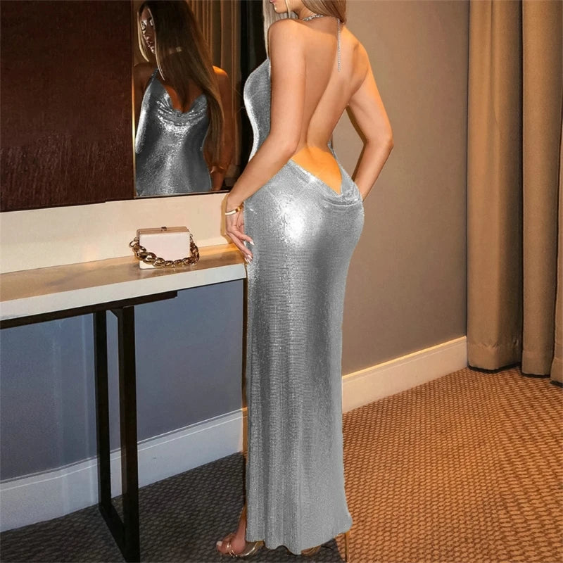 Glitter Metal Sequins Halter Cowl Neck Open Back Slit Evening Gown for Women Sparkling Rave Nightclub Bodycon Long Dress