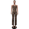 HLJ Sexy Leopard Print Bodycon Jumpsuits Women Thin Strap Sleeveless V Neck Wide Leg Pants Playsuit Female Overall With Scarf