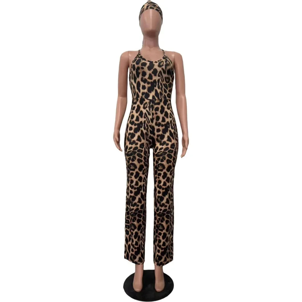 HLJ Sexy Leopard Print Bodycon Jumpsuits Women Thin Strap Sleeveless V Neck Wide Leg Pants Playsuit Female Overall With Scarf