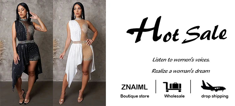 Znaiml Sexy Nightclub One Piece Outfit Romper Playsuit Women Birthday Diamonds Rhinestones Mesh Streamer Side Irregular Jumpsuit
