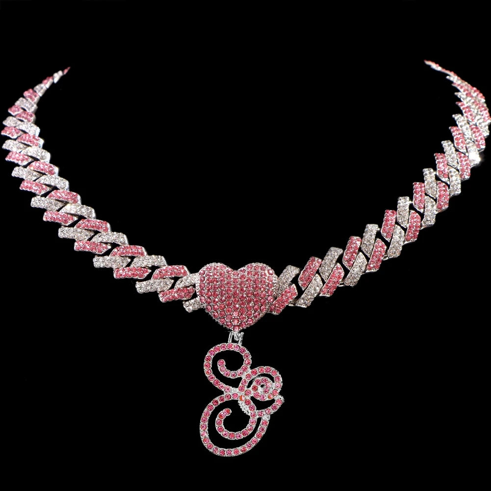 Hip Hop Bling Pink Crystal Cursive Initial Letter Cuban Necklace for Women Iced Out Paved Cuban Chain Necklace Choker Jewelry
