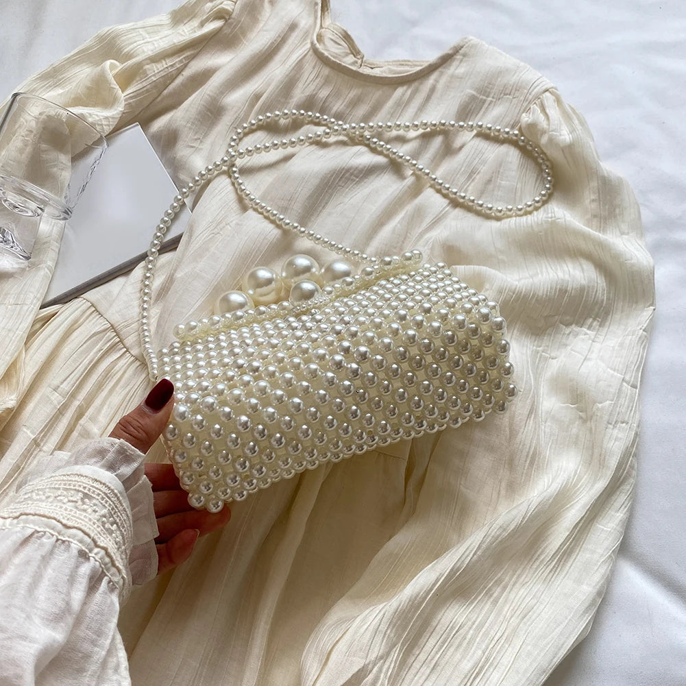 2024 Newest Handmade Pearl Knitting Evening Handbag Luxury Women's Snall Crossbody Bag High-end Hand-Woven Elegant Clutch Purses