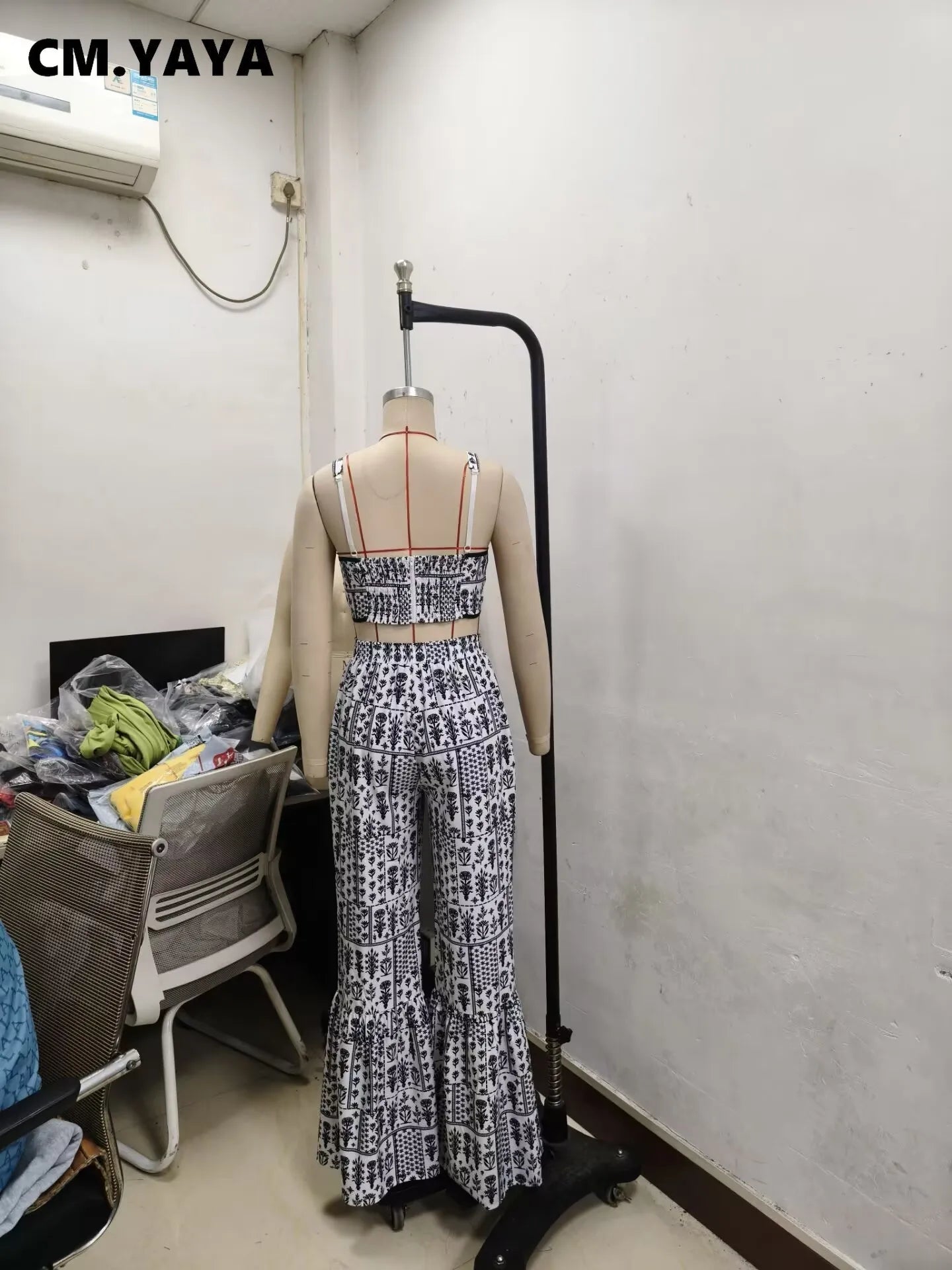 CM.YAYA Women's Set Print Strapless Bra Top and Flare Pants Suits 2025 Summer Street Party Two 2 Piece Sets Outfits Tracksuit