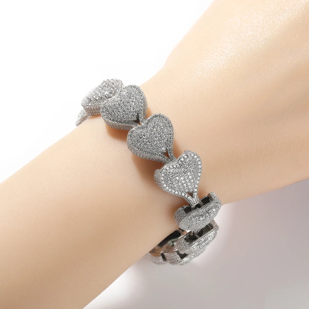 UWIN Jumbo Iced Out Heart Bracelet for Women Paved Setting Cubic Zirconia Bangle for Men Hip Hop Jewelry for Gift