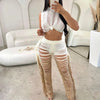 Gradient Color Crochet Two Piece Set for Women Summer Beach Crop Top and Wide Leg Pants Tassel Hollow Out Hole Vacation Outfits