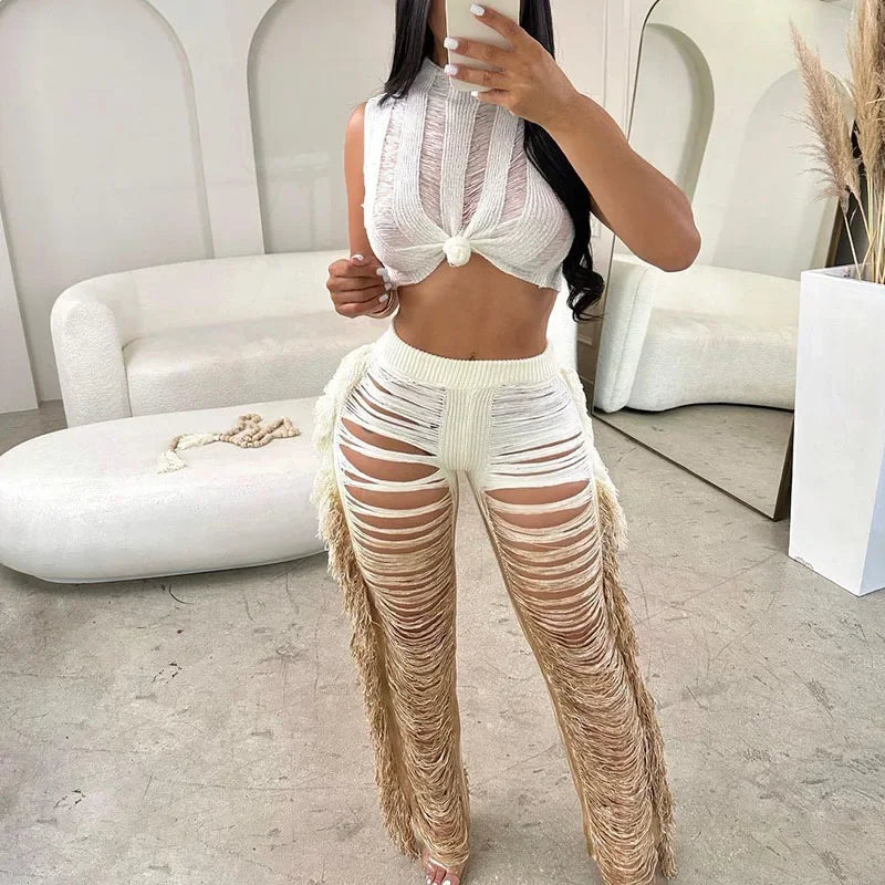 Gradient Color Crochet Two Piece Set for Women Summer Beach Crop Top and Wide Leg Pants Tassel Hollow Out Hole Vacation Outfits