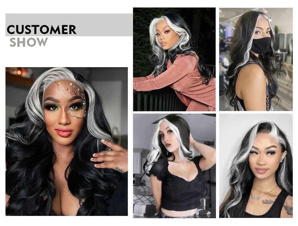 Charisma Black Wigs White Highlight Synthetic Wig Pre Plucked Synthetic Lace Front Wigs For Women Loose Wave Lace Frontal Wig