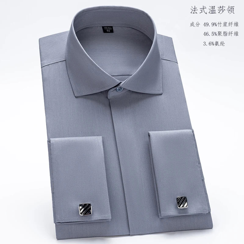 Men's French cufflink shirt with long sleeves slim fit concealed buttons solid color high end wedding dress formal men's