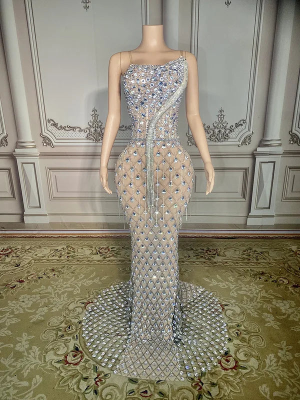 Charming Bright Crystal Dress Sexy Luxury Beaded Rhinestone Tulle Evening Dress Prom Party Dress Noble Wedding Wedding Dress