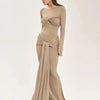 Tossy Female Pleated Sexy Maxi Dress Patchwork Twist Slim Long Sleeve Solid Y2k Autumn Streetwear Dress Women's Bodycon Dress