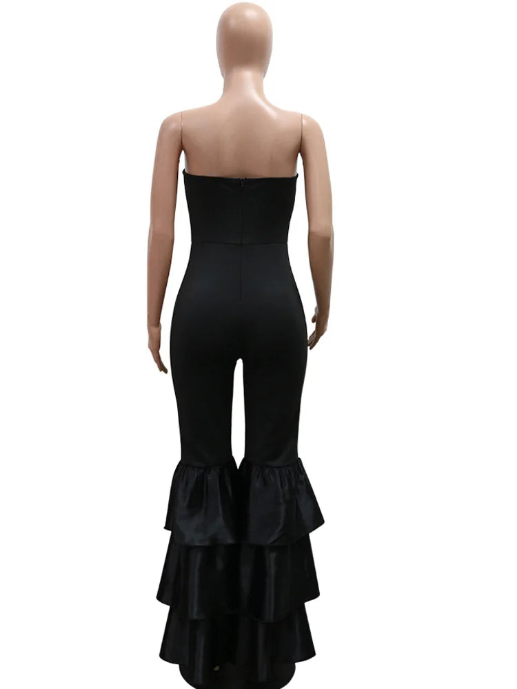 Beyprern Elegant Tiered Ruffle Strapless Jumpsuit For Women Off Shoulder Black Flared Leg  Bandage Jumpsuits Clubwear Overalls