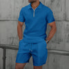 2025 Men Europe and the United States new summer Waffle solid color zip-up lapel short-sleeve suit shorts two sets