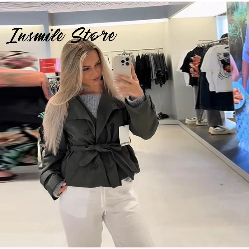 Fashion Belt Short Trench Coat Women Stand Collar Double Breasted Pocket Long Sleeve Coats 2025 Autumn Lady Commute Chic Outwear