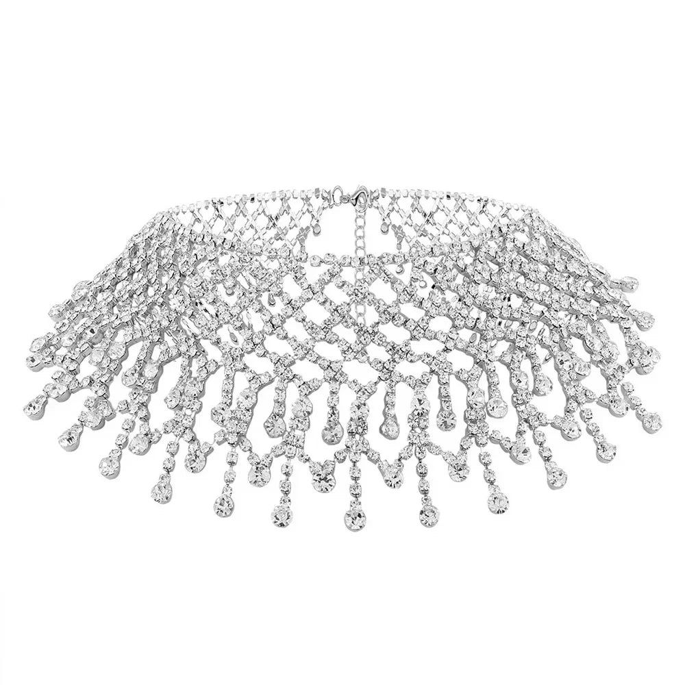 Sparkling Tassel Necklace Luxury Chain Rhinestone Mesh Female Boho Short Crystal Choker Neckband Chunky Necklace Wedding Jewelry