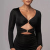 Mozision hollow out long sleeve sexy maxi dress for women fashion solid V neck back split bodycon club long dress elegant