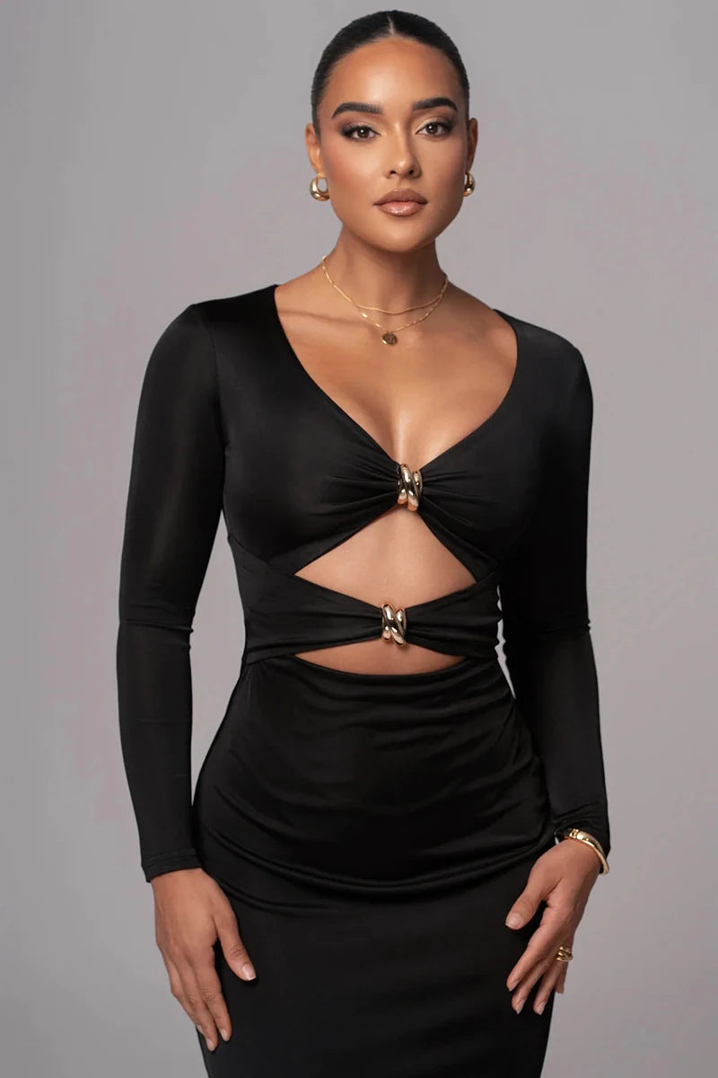 Mozision hollow out long sleeve sexy maxi dress for women fashion solid V neck back split bodycon club long dress elegant