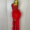 Stock 2025 Women Sexy Sparkly Rhinestone Mesh Feather Long Dress Elegant Evening Party Celebrate Birthday Performance Costume