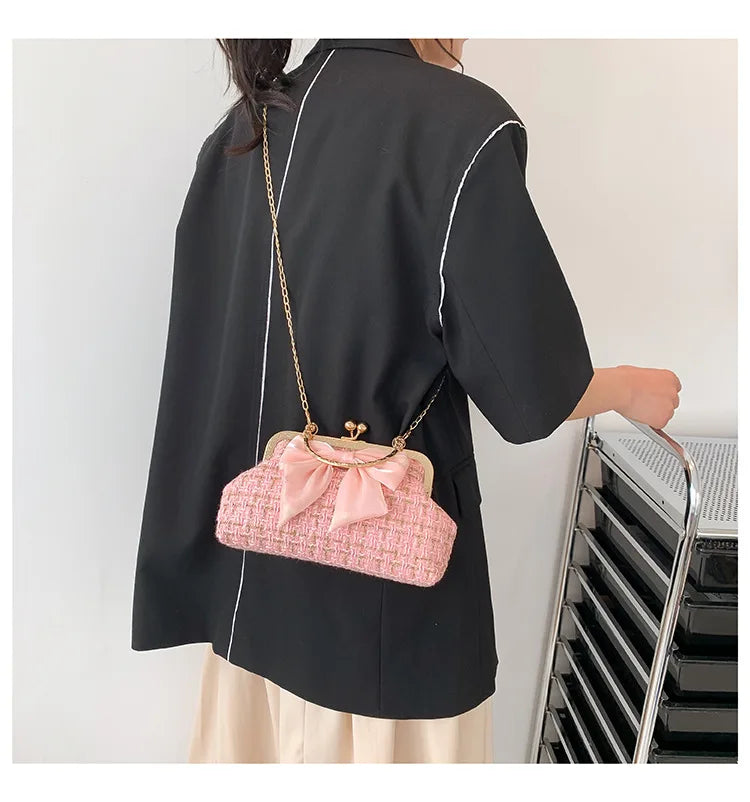 Glittering Chain Plaid Pattern Evening Bag For Women Bow Decor Shoulder Bag, Fashionable Elegant Clutch, Women‘s Crossbody Bag