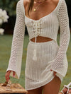 Mesh Crochet Long Beach Shirt Women Solid Cover Up Ladies Long Sleeve Hollow Out 2025 Sexy Beachwear Bathers Swim Bathing Suit