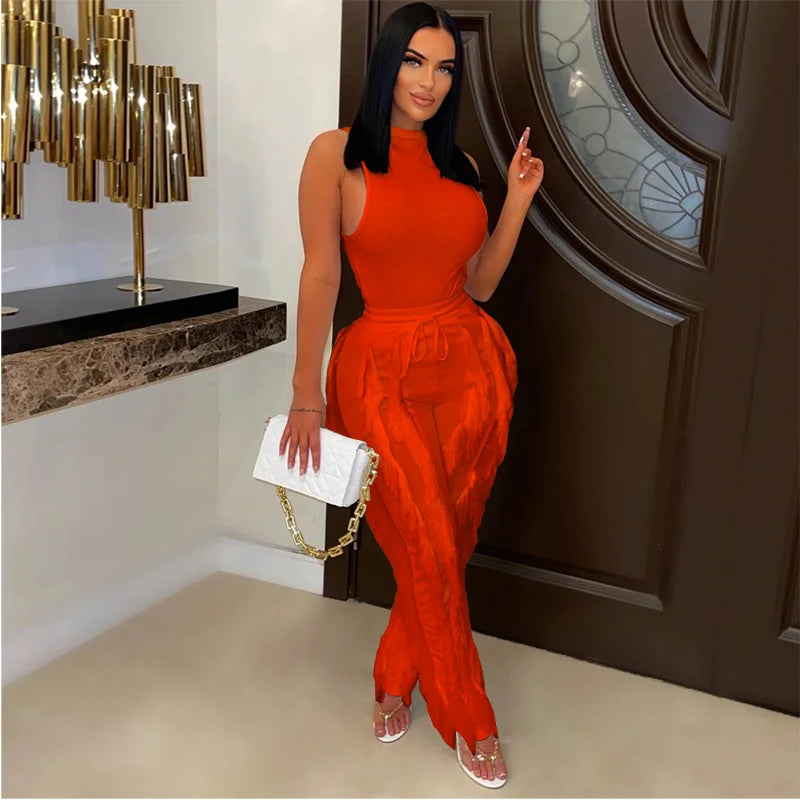 Solid Tank Pants Tassel Two Piece Sets Women Fashion Sleeveless Bodysuits Top Drawstring High Waist Fringed Wide Leg Trousers