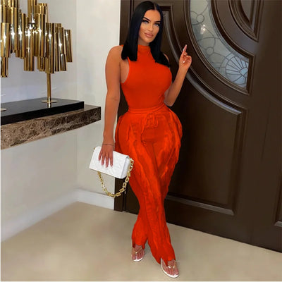 Solid Tank Pants Tassel Two Piece Sets Women Fashion Sleeveless Bodysuits Top Drawstring High Waist Fringed Wide Leg Trousers