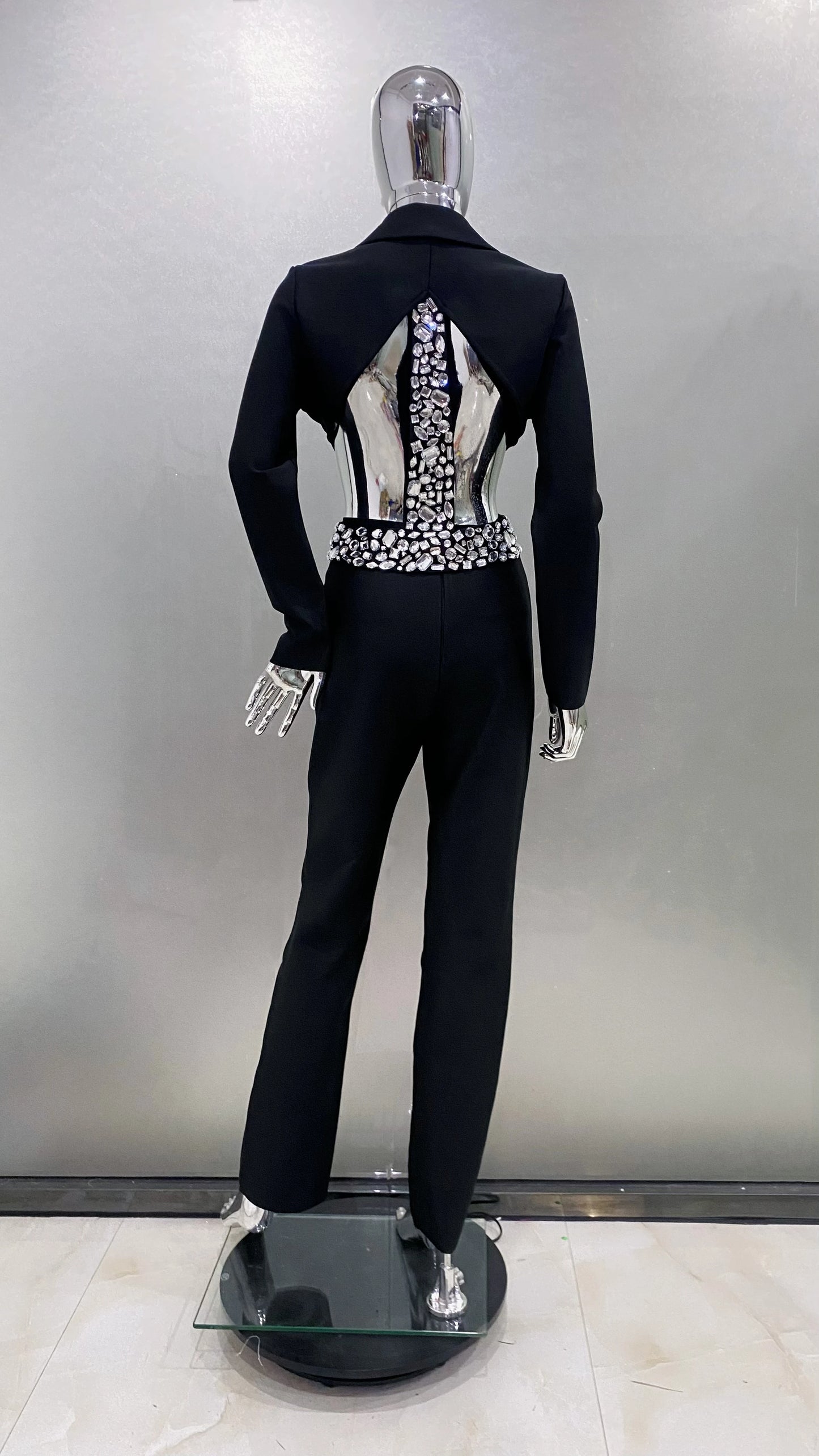 2024 New Arrival Black White Women Long Sleeve Sexy V-Neck Bodycon Bandage Set Shinning Crystal Nightclub Party Women's Set