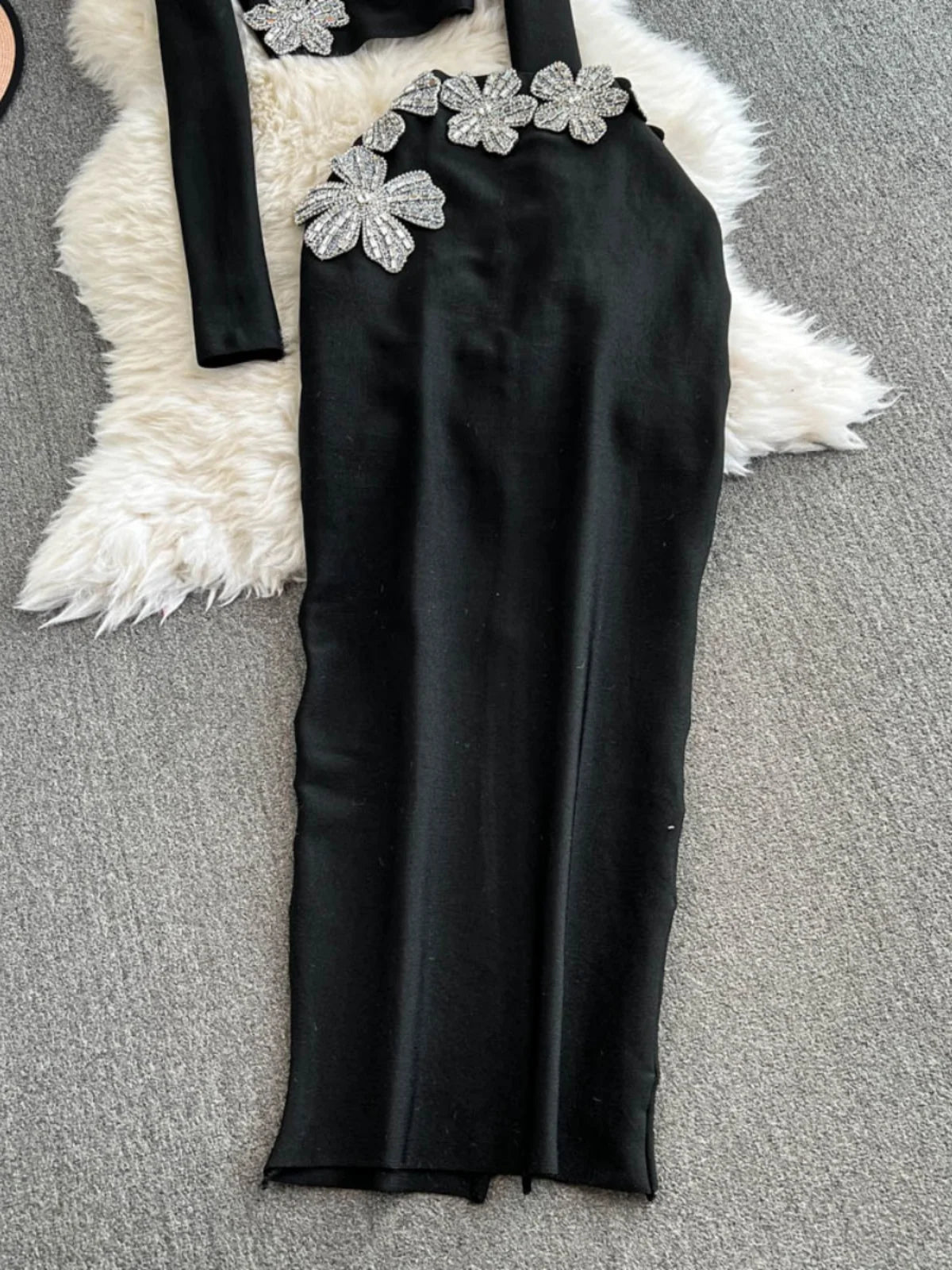 Faionable Diamond Embellied Wrap Skirt Set ort Top Long Dr Slimming High Collar Long Sve Zipper Two Piece Set