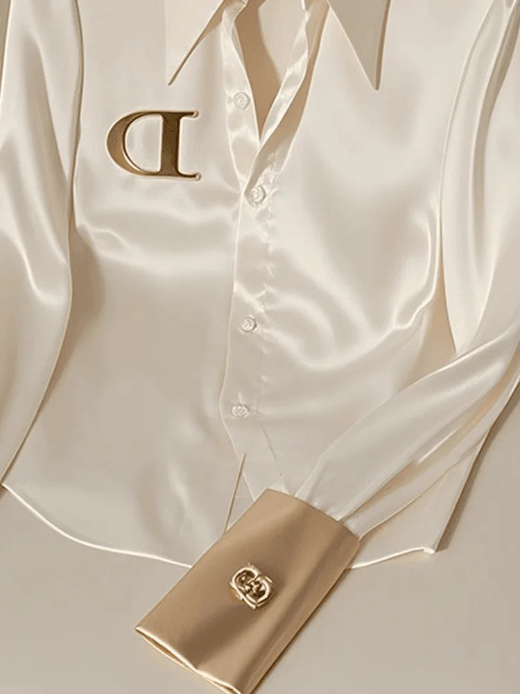 Elegant French Women's White Satin Shirt Turn-down Collar Long Sleeve Blouse Autumn/Winter for Women Casual Simple Office Lady