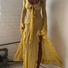 Summer slim-fitting see-through sexy hot girl dress elegant solid color V-neck strappy long sleeves ruffled slit long skirt